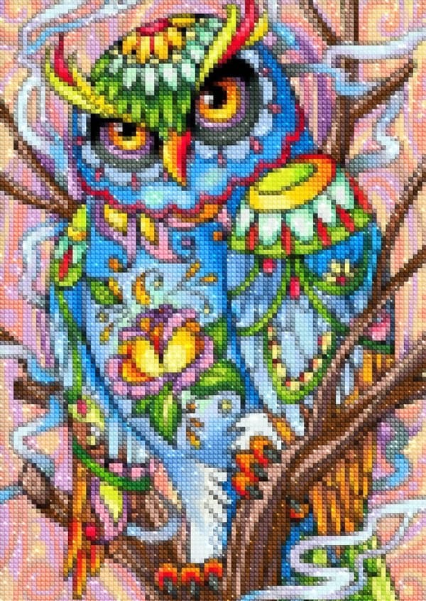 Diamantbroderi Regnbue Ugle 30x40 cm