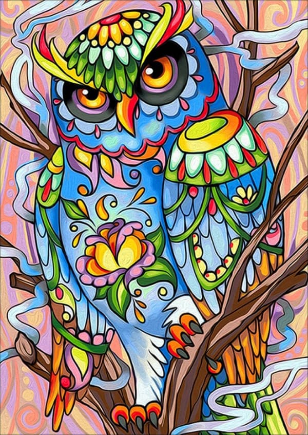 Diamantbroderi Regnbue Ugle 30x40 cm