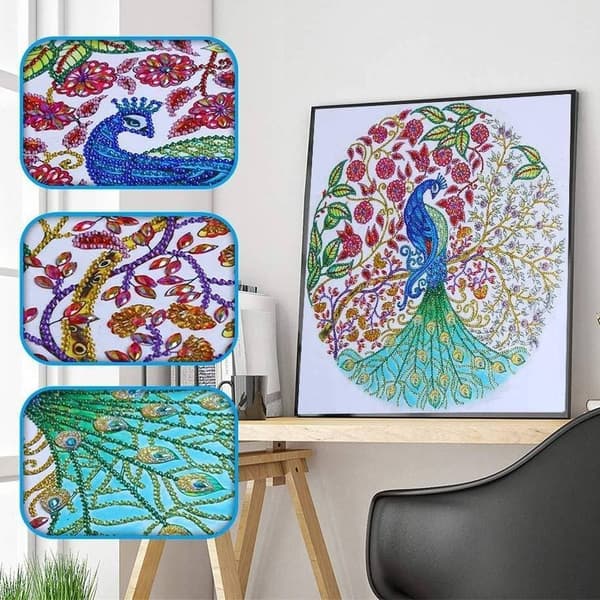 Diamantbroderi Blommig påfågel 47x47 cm
