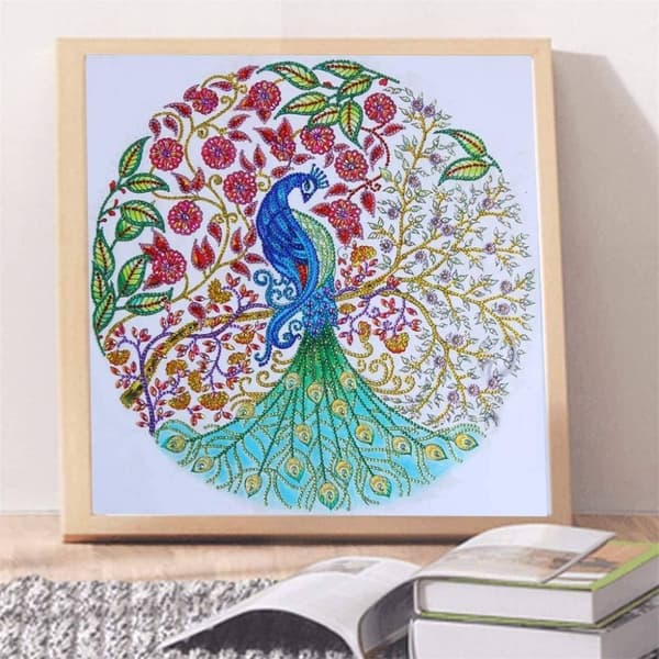 Diamantbroderi Blommig påfågel 47x47 cm