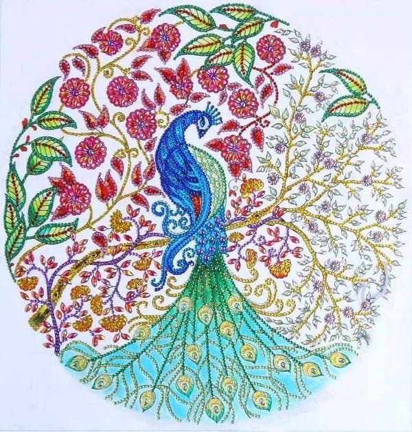 Diamantbroderi Blommig påfågel 47x47 cm