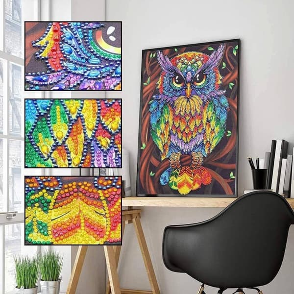 Diamantbroderi Blå Uggla 30x40 cm