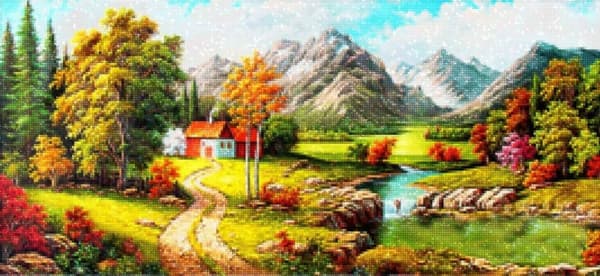 Diamantbroderi Hus ved bækken 100x50