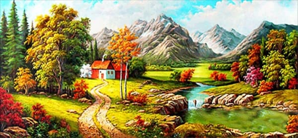 Diamantbroderi Hus ved bækken 100x50