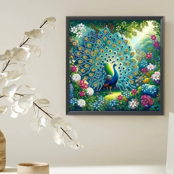 Diamantbroderi påfugl, havens konge, 30x30 cm