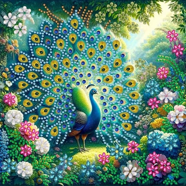 Diamantbroderi påfugl, havens konge, 30x30 cm