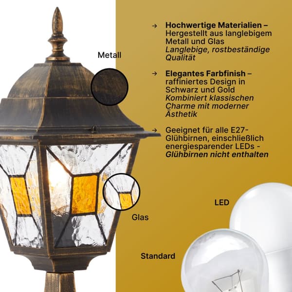 BRILLIANT lampa Janel utomhuspelarlampa 44cm svart guld | 1x A60, E27, 60W, lämplig för normala lampor (ingår ej)