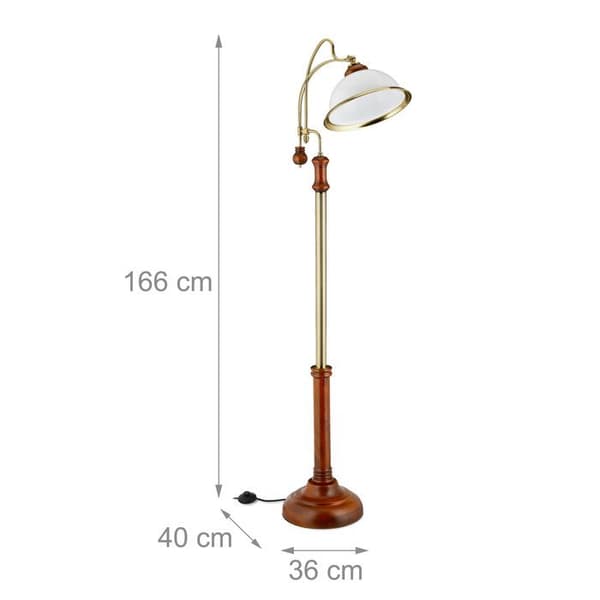 Relaxdays golvlampa, rundad, jugendstil, glasskärm, trä, E27-sockel, HxLxP: 166x40x36 cm, brun/guld