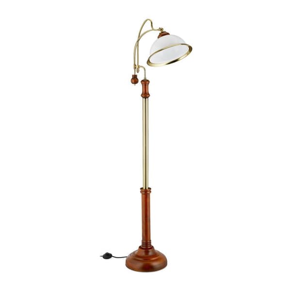 Relaxdays golvlampa, rundad, jugendstil, glasskärm, trä, E27-sockel, HxLxP: 166x40x36 cm, brun/guld