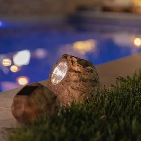 Set med 3 solar trädgårdsstenar att installera - LUMISKY - ROCKY BROWN - 14 och 9 cm - Markering - Vit LED