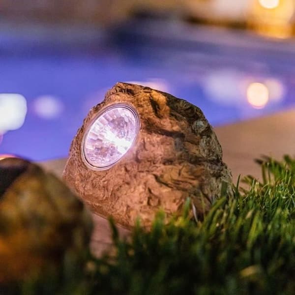 Set med 3 solar trädgårdsstenar att installera - LUMISKY - ROCKY BROWN - 14 och 9 cm - Markering - Vit LED