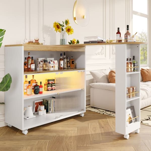 Utfällbar bar med förvaring, modern mobil bar, utfällbar bar med LED, vit (138-204 x 39 x 105 cm)
