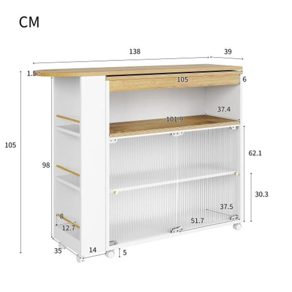 Utfällbar bar med förvaring, modern mobil bar, utfällbar bar med LED, vit (138-204 x 39 x 105 cm)