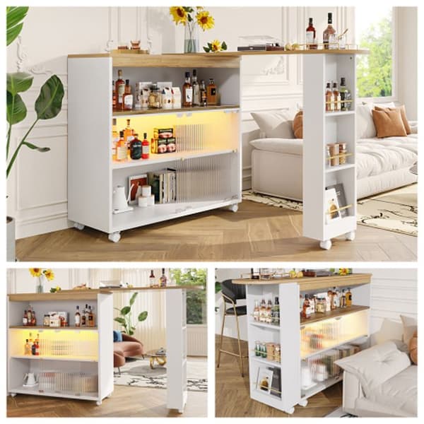 Utfällbar bar med förvaring, modern mobil bar, utfällbar bar med LED, vit (138-204 x 39 x 105 cm)