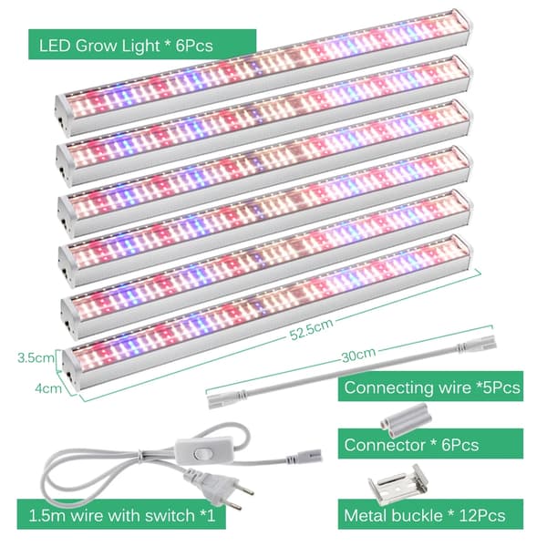 LED Växtbelysningslist, Fullspektrum SMD2835, Vattentålig IP65,6st Set 52,5cm