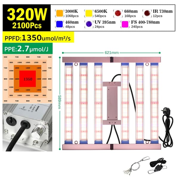 Fällbar Fullspektrum LED-växtlampa, dimbar, hög PPFD,320W