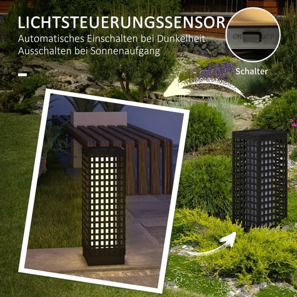 Solcellelampe, Rattan-Design, 15.5x15.5x46 cm, Sort