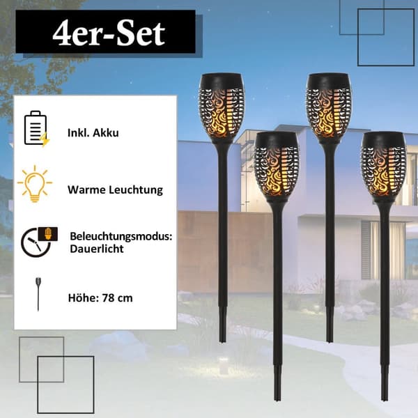 Solcellelys, Udendørs 4er-Set Havebelysning IP44, Ø12 x H72 cm, Sort