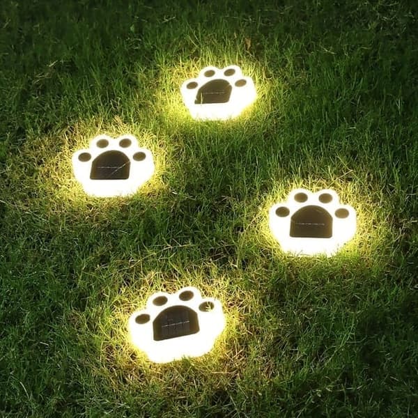 Lollanda 4-pakkaus aurinkoenergialla toimiva LED-puutarhavalaisin - kissa/tassukuvio, nurmikkolamppu, IP65, puutarhaan ja kävelytielle