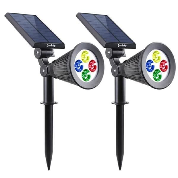 2 vedenpitävän ulkokäyttöön tarkoitetun aurinkokennokohvelinpakkaus - LUMISKY - 4 RGB-värillistä LEDiä - 200 lumenia - 90° kääntyvä pää