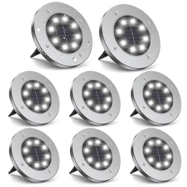 8 Pak Solcellelamper til Jorden, 8 LED'er, Vandtæt IP65, Hvidt lys 6000K, Havebelysning