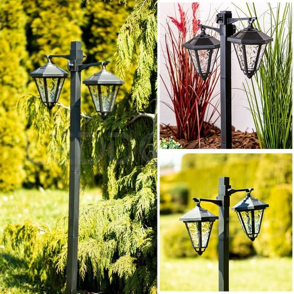 OBOSOE havesolcellelamper med dobbelthoved, vandafvisende solcellelamper, udendørs belysning, dekorativ lampe til have, græsplæne, 137 cm