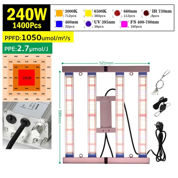 Foldbar Full Spectrum LED Vækstlys, Dæmpbar, Høj PPFD,240W