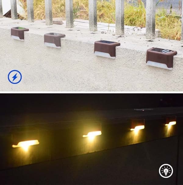 OBOSOE Solar Powered LED Trappelys 16-pak – Vandtætte Udendørslys til Hegn & Have Brun 4PCS