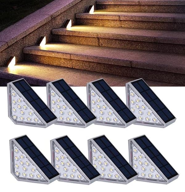 OBOSOE 8-pack solcellsdrivna trappstegslampor – Triangel LED för vägg, staket & utomhusgång Transparent Varmt vitt ljus, alltid på, 8 st