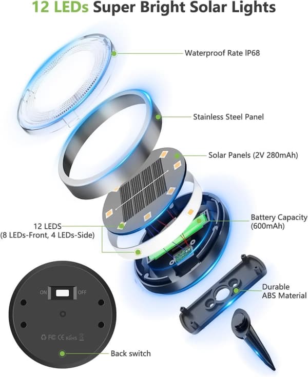 Bomclap 12 kpl aurinkovalot ulkona IP65, 12 LED-lämmin valkoinen puutarhavalaistus aurinkopaneelilla