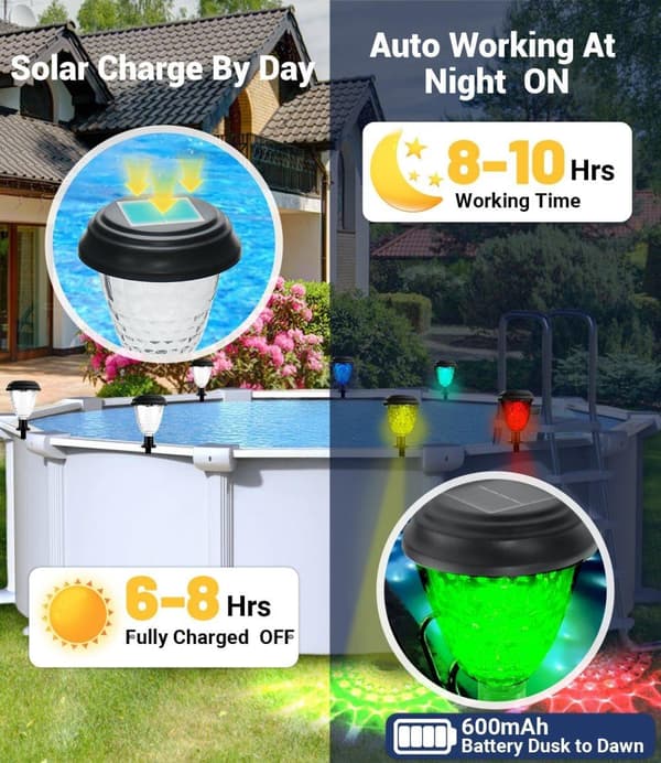 OBOSOE 6st solcellslampa solcells poolbelysning för ovanmarkspool, vattentäta LED RGB-lyktor
