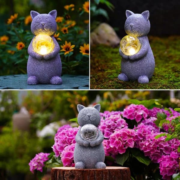 OBOSOE Solar Powered Lighting Garden Statue – Havedekoration Lysende kattefigur til udendørs brug, Dekorativ kat til have og have
