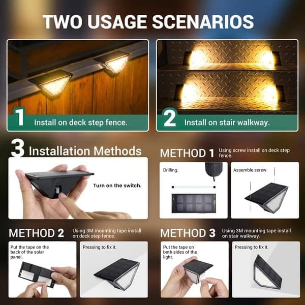 OBOSOE Solcellelampe 12-Pak, IP65 Trappebelysning & Udendørs Havelampe, LED Solcellelampe til Terrasse/Trin