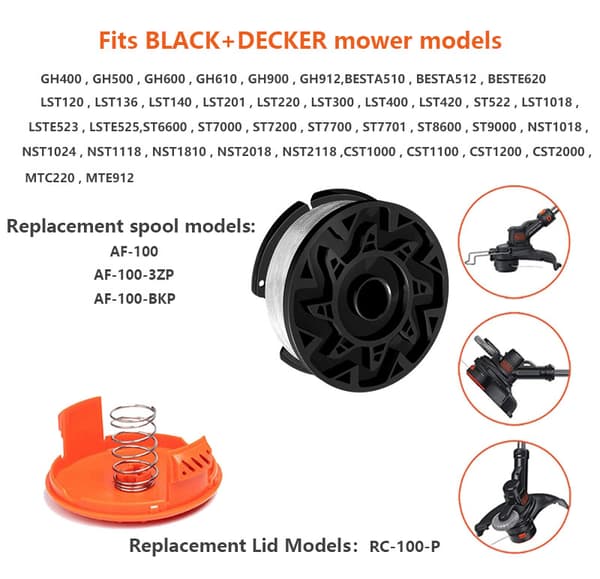Lollanda 6-pak Trimmerspoler med trimmertråd, 2 dæksler og 2 fjedre til Black+Decker græstrimmer, automatisk fremføring