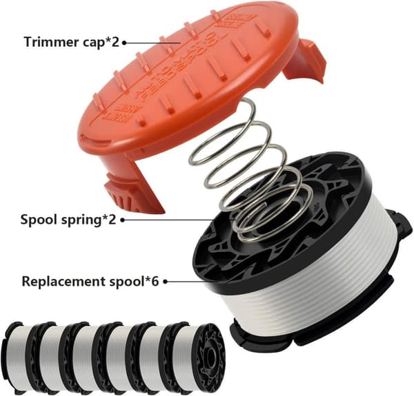 Lollanda 6-pak Trimmerspoler med trimmertråd, 2 dæksler og 2 fjedre til Black+Decker græstrimmer, automatisk fremføring