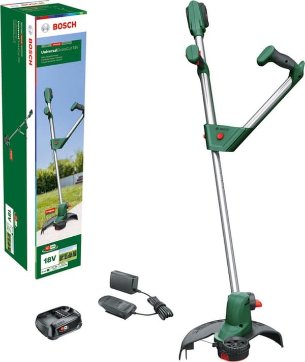Bosch akkutrimmeri UniversalGrassCut 18-260 - toimitetaan kahdella 18 V Li-Ion akulla (2,0 Ah) ja laturilla