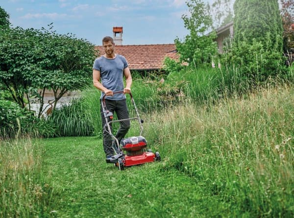 Einhell sladdlös gräsklippare GE-CM 36/48 Li M-| Solo. Typ: skjutgräsklippare, klippbredd: 48 cm, minsta klipphöjd: 3 cm. Energikälla: uppladdningsbar