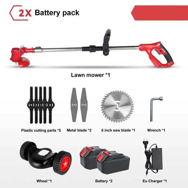Elektrisk Trådlös Gräsklippare, 2 Batterier, Borstlös Motor,2 Batteri Röd