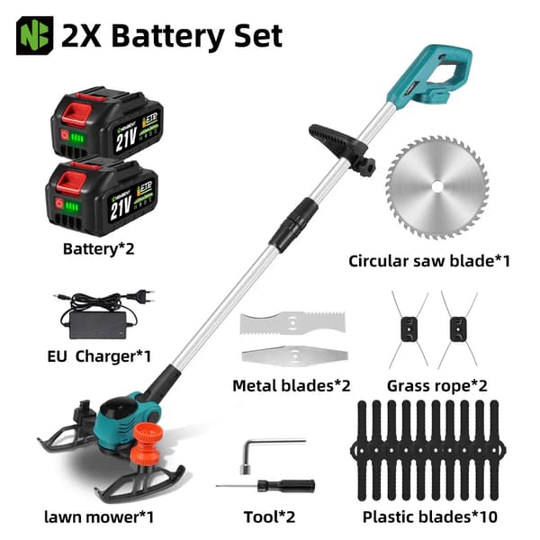 Elektrisk Plæneklipper, 3000W Effekt, 6 Tommer Klippebredde,2 Batteri EU Stik