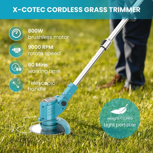 X-COTEC Grästrimmer, Justerbart teleskophandtag, Lättviktsdesign,Professionella gräsklippare, två batterier, Blå