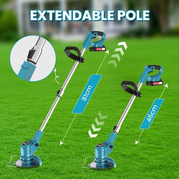 X-COTEC Grästrimmer, Justerbart teleskophandtag, Lättviktsdesign,Professionella gräsklippare, två batterier, Blå