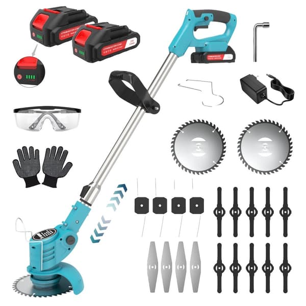 X-COTEC Grästrimmer, Justerbart teleskophandtag, Lättviktsdesign,Professionella gräsklippare, två batterier, Blå