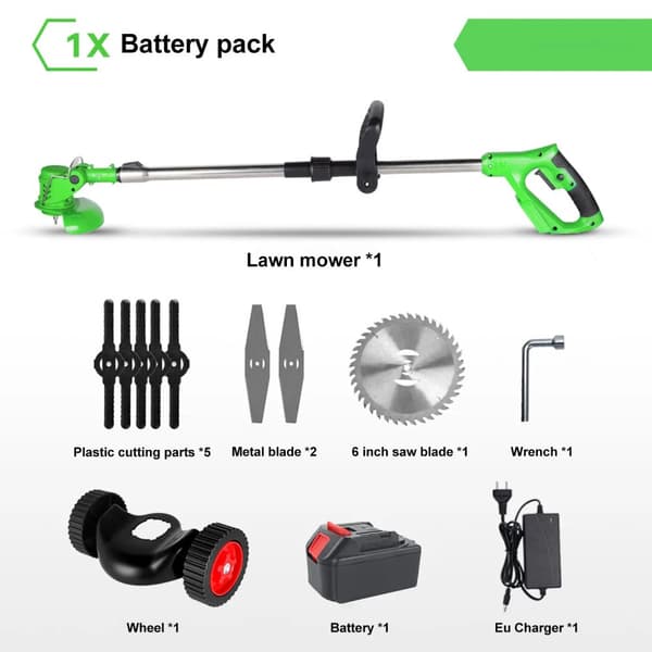 Batteridriven gräsklippare, 1500W effekt, 12000 RPM hastighet, justerbar klippbredd,EU, Grön 1x Batteriuppsättning