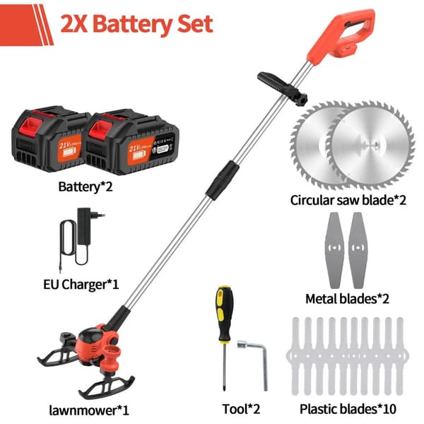 Plæneklipper, trådløs design, justerbar klippevinkel,EU, Orange 2x Batteri Sæt