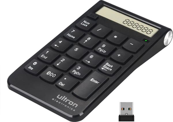 Ultron UN-2 - Trådlös numerisk knappsats och miniräknare i ett - laddningsbar - USB 2,4GHz dongel - svart