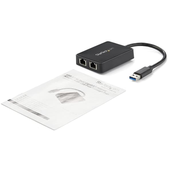 StarTech.com USB 3.0 till Dual Port Gigabit Ethernet LAN-adapter med USB-port - Svart - Nätverksadapter - USB 3.0 - GigE - 1000Base-T - 2 portar - Sva
