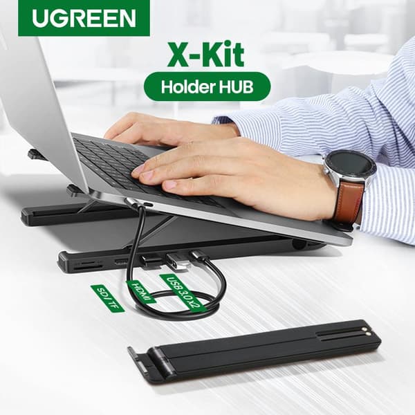 UGREEN X-Kit Ergonomic Laptop Stand med 5-i-1 USB-C Dock Sort