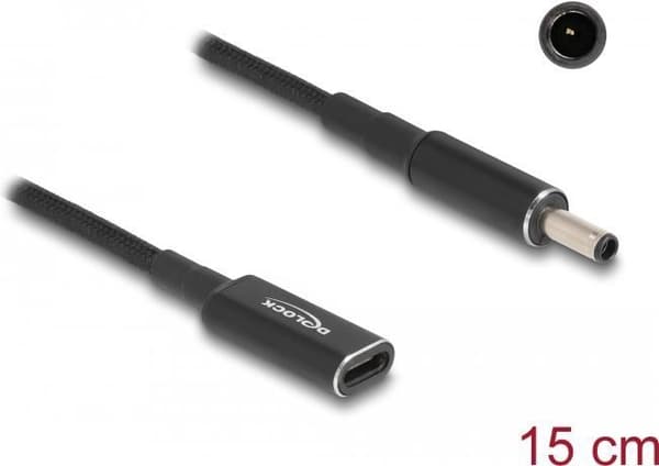 Delock - Virtaliittimen sovitin - USB-C (vain jännite) (W) DC-liittimeen 4,5 x 3,0 mm (M) - 19,5 V - 3 A - 15 cm - Musta (60036)