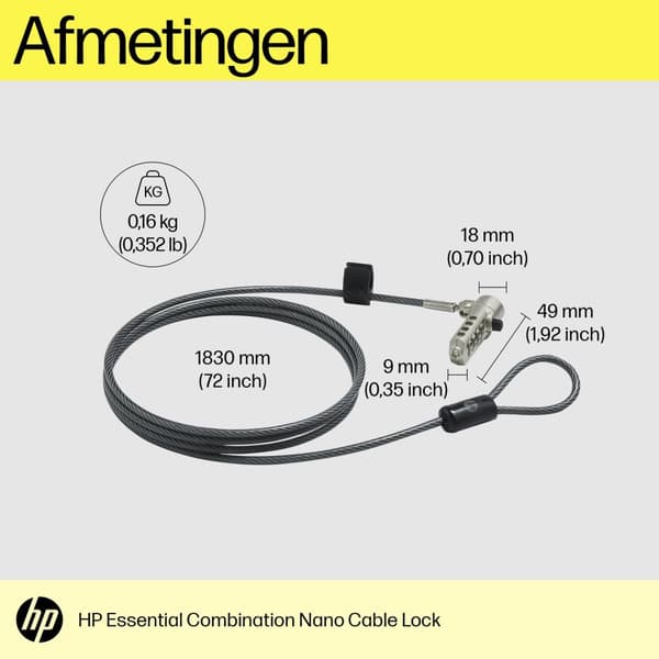 HP Essential - Sikkerhedskabellås - 1,83 m - til Elite Mobile Thin Client mt645 G7, ZBook Firefly 14 G9 mobil arbejdsstation