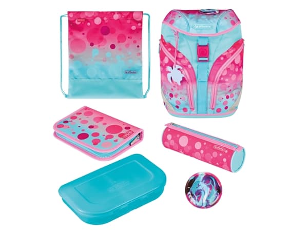 Herlitz SoftLight Plus GreenLine Pink Bubbles, Pencil pouch, Sport bag, Matlåda, Pennfack, Skolväska, Flicka, Grundskola, Ryggsäck, 16 l, Sidoficka